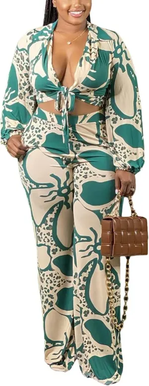 Women 2 Piece Outfits Wide Leg Long Pants Set Front Crop Tops High Waist Tracksuits Long Sleeve Jumpsuits