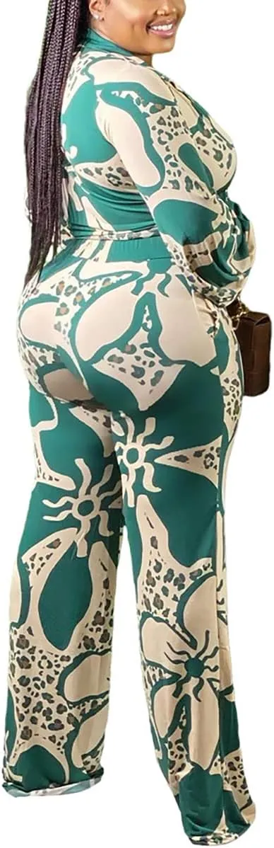 Women 2 Piece Outfits Wide Leg Long Pants Set Front Crop Tops High Waist Tracksuits Long Sleeve Jumpsuits