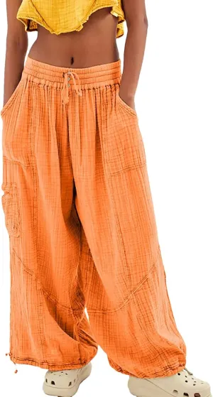 Women Beach Pants Linen Wide Leg Harem High Waist Button Drawstring Looseo Palazz Pants with Pocket