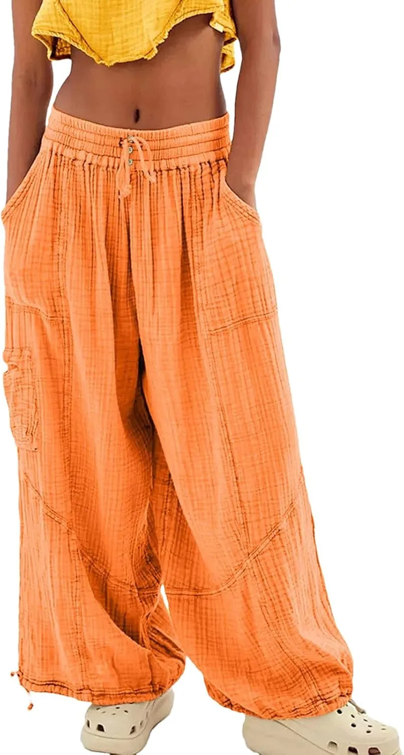 Women Beach Pants Linen Wide Leg Harem High Waist Button Drawstring Looseo Palazz Pants with Pocket