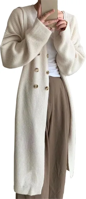 Women Double Breasted Coats Jacket Winter Trendy Solid Color Knit Overcoat Long Sleeve Maxi Long Trench Coat
