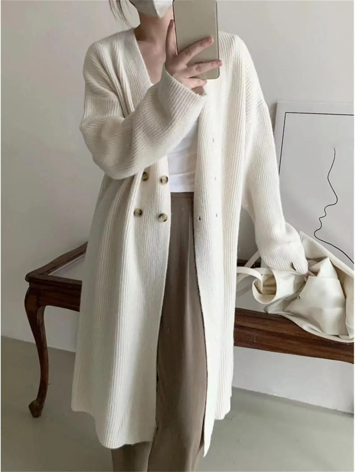 Women Double Breasted Coats Jacket Winter Trendy Solid Color Knit Overcoat Long Sleeve Maxi Long Trench Coat