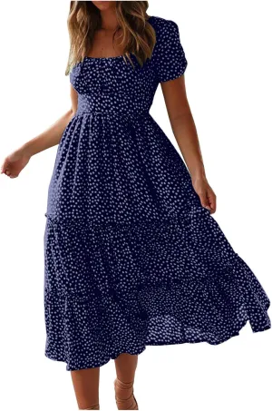 Women Floral Chiffon Midi Dress Summer Square Neck Short Sleeve Boho Sundress Flowy Smocked Tiered Swing Dresses