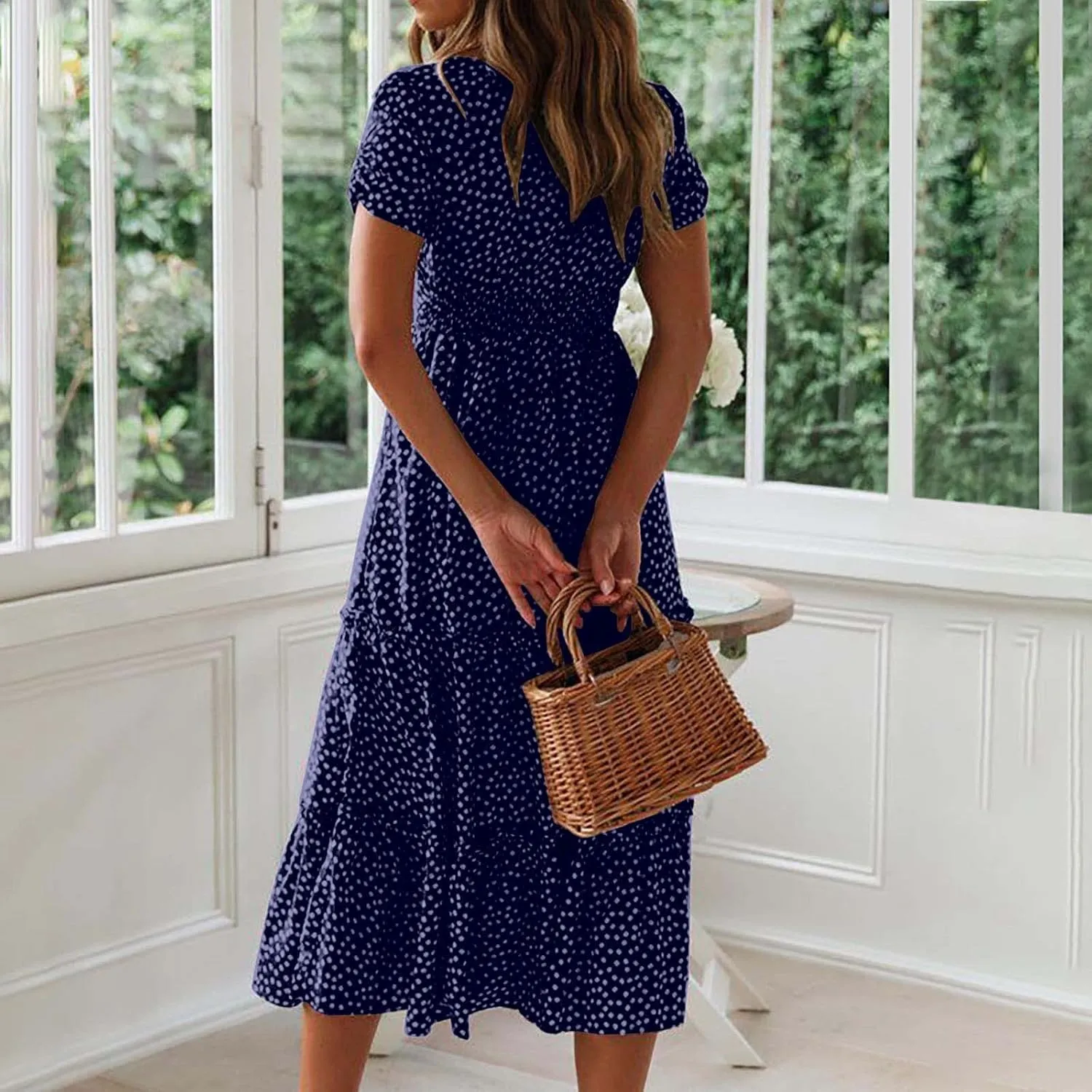 Women Floral Chiffon Midi Dress Summer Square Neck Short Sleeve Boho Sundress Flowy Smocked Tiered Swing Dresses