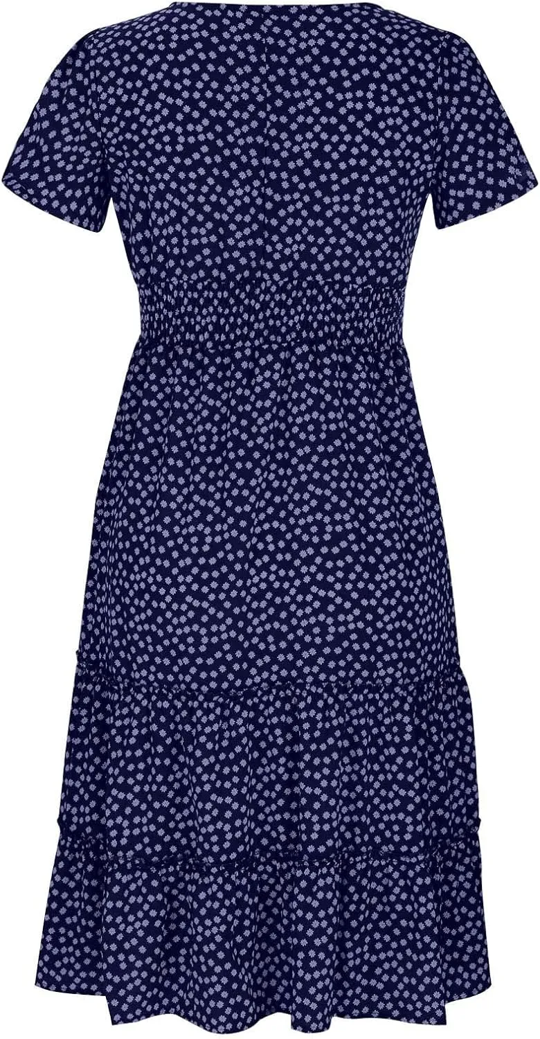 Women Floral Chiffon Midi Dress Summer Square Neck Short Sleeve Boho Sundress Flowy Smocked Tiered Swing Dresses