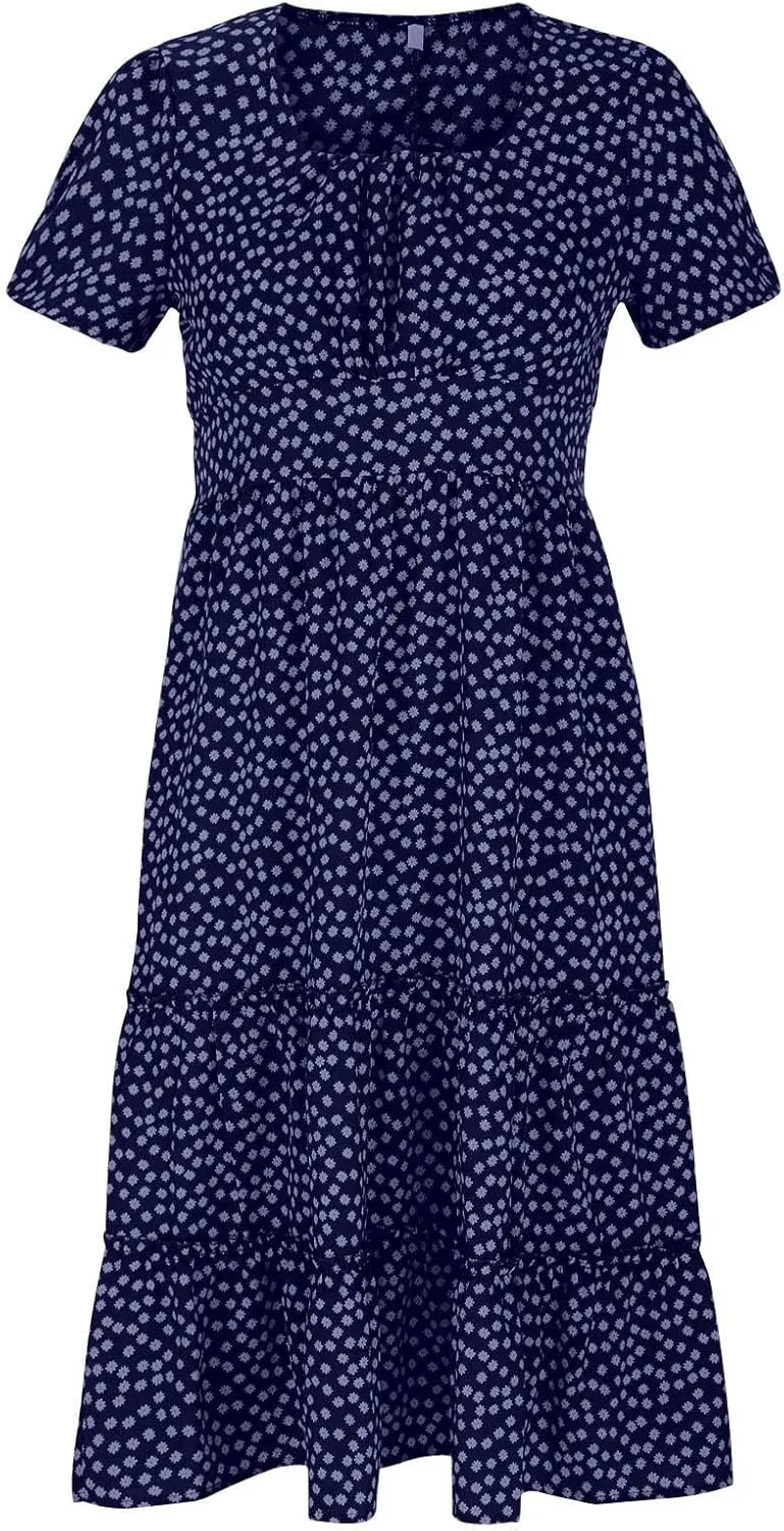 Women Floral Chiffon Midi Dress Summer Square Neck Short Sleeve Boho Sundress Flowy Smocked Tiered Swing Dresses