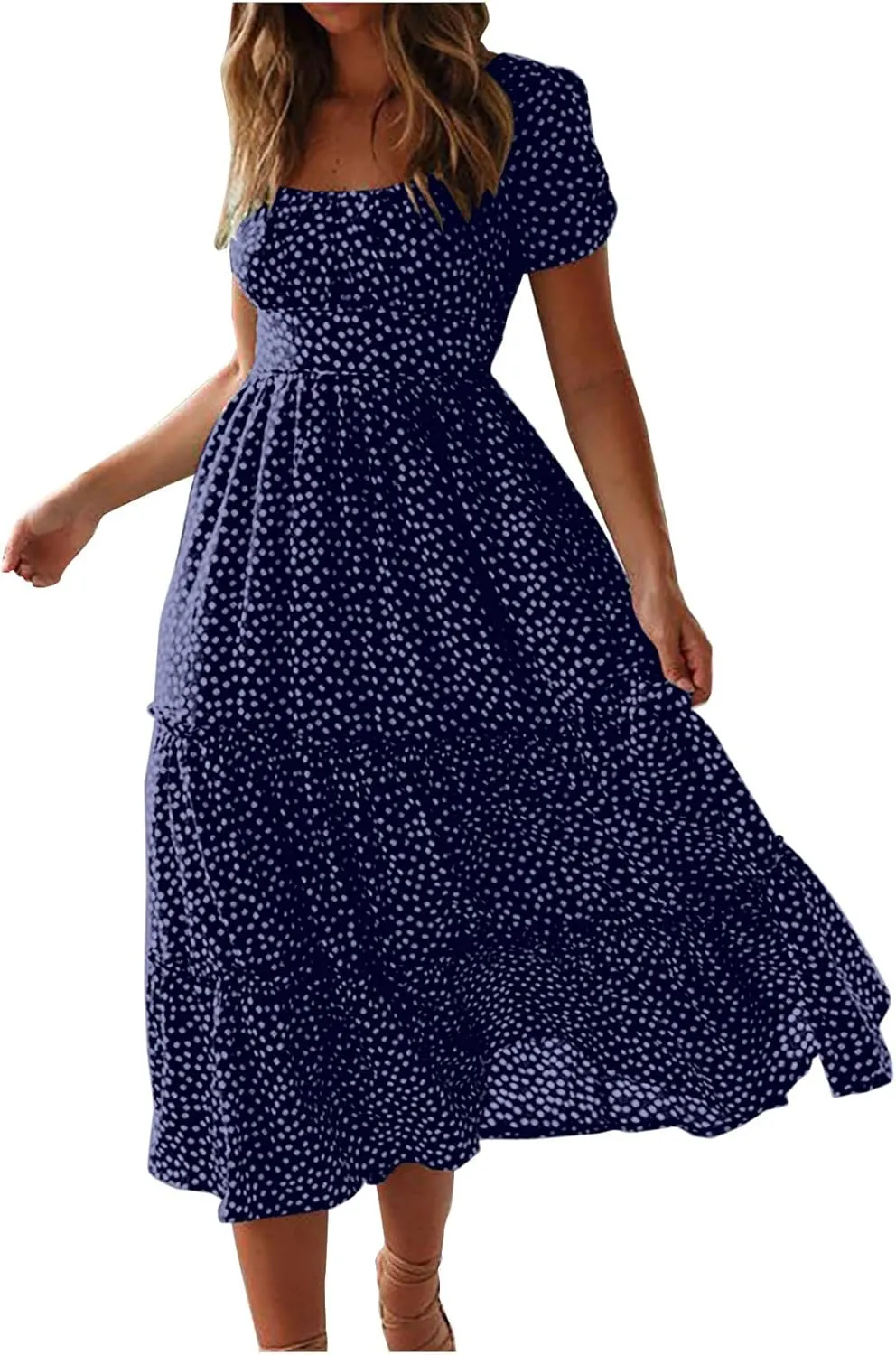 Women Floral Chiffon Midi Dress Summer Square Neck Short Sleeve Boho Sundress Flowy Smocked Tiered Swing Dresses
