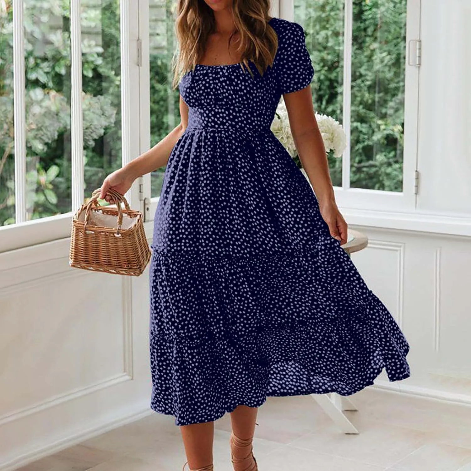 Women Floral Chiffon Midi Dress Summer Square Neck Short Sleeve Boho Sundress Flowy Smocked Tiered Swing Dresses