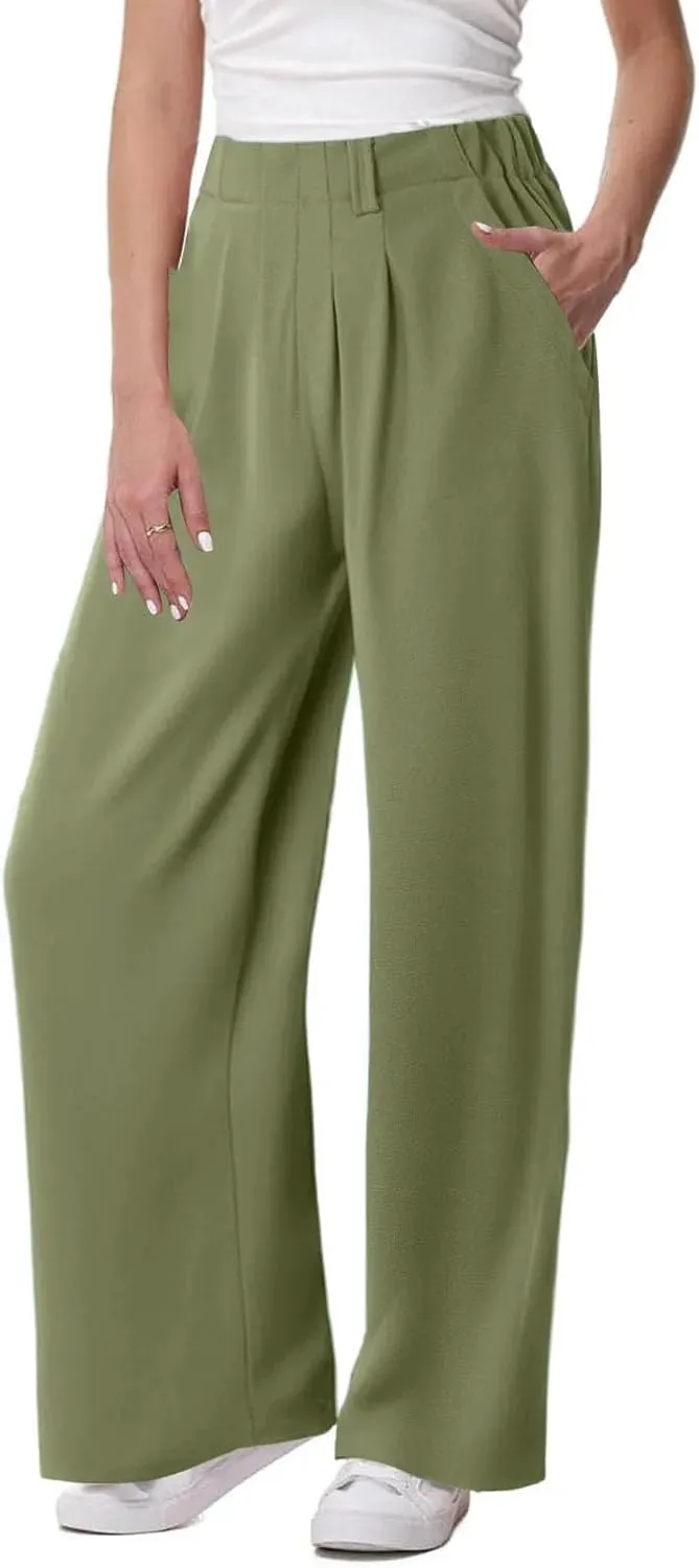 Women High Waist Wide Leg Straight Pants Business Casual Pants with Pockets Solid Color Baggy Trousers