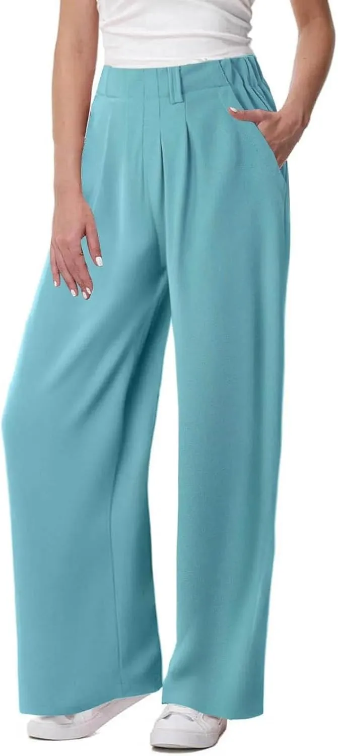 Women High Waist Wide Leg Straight Pants Business Casual Pants with Pockets Solid Color Baggy Trousers