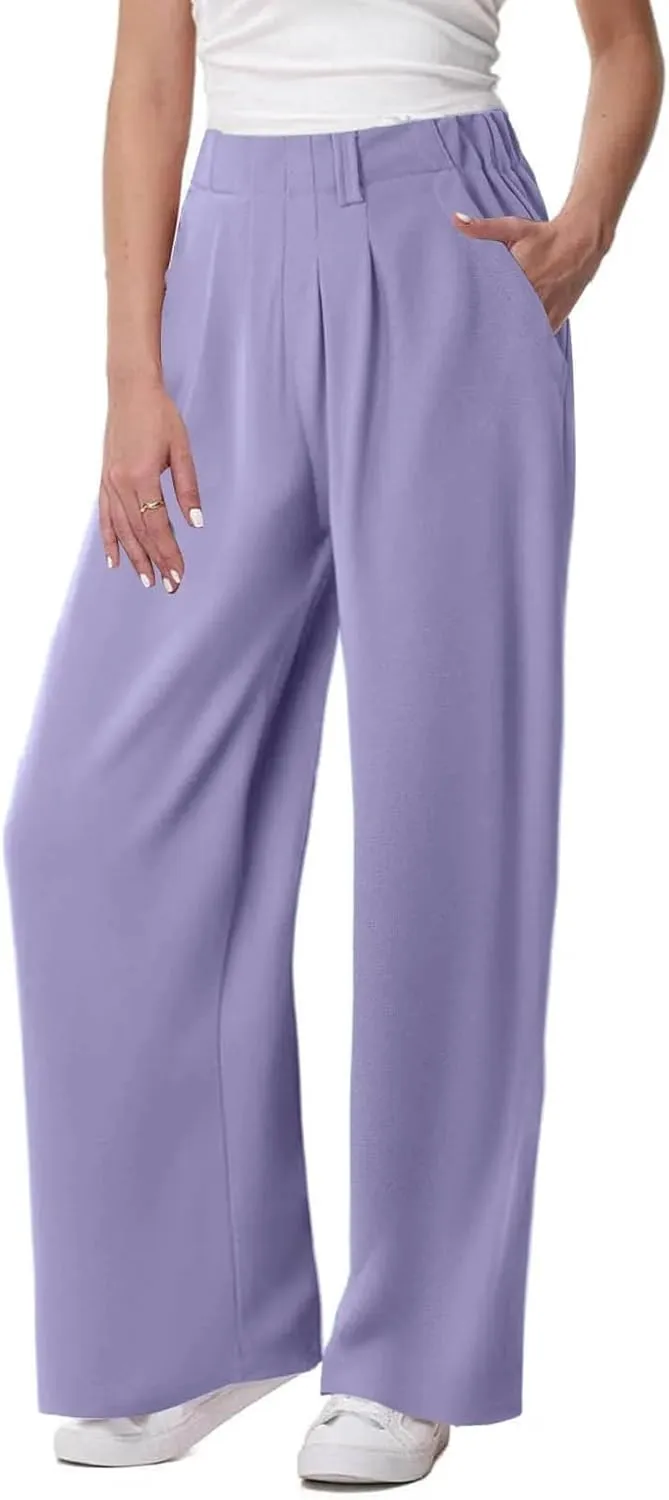 Women High Waist Wide Leg Straight Pants Business Casual Pants with Pockets Solid Color Baggy Trousers