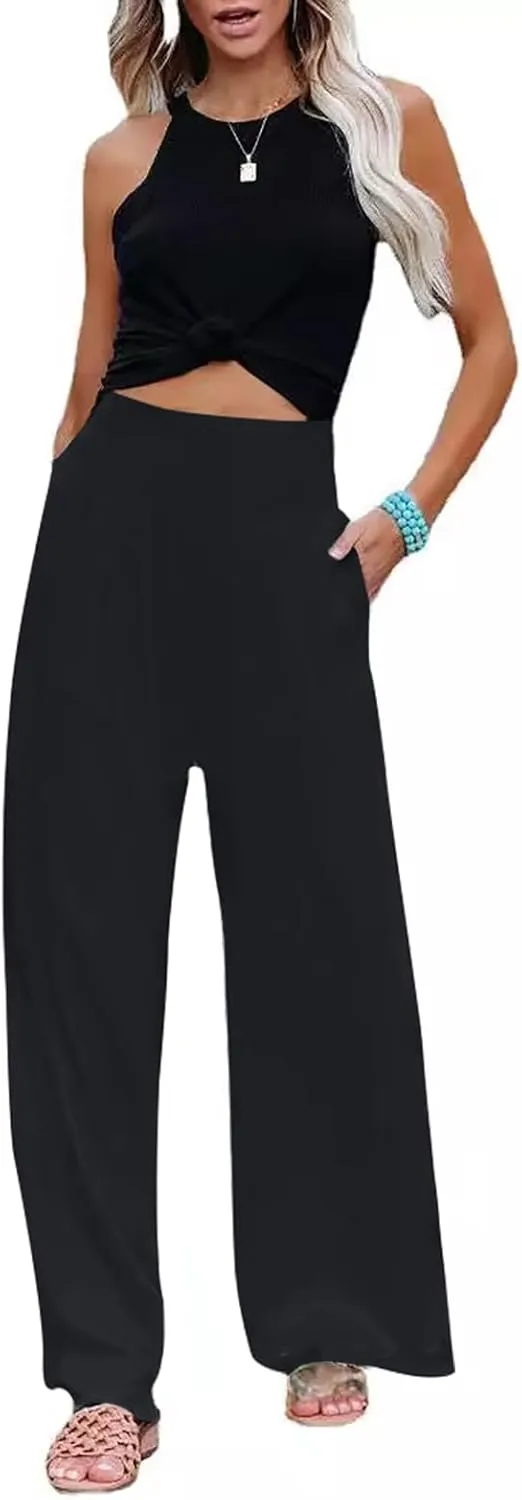 Women Linen Palazzo Pants Summer Boho Wide Leg High Waist Casual Pant Trousers with Pockets