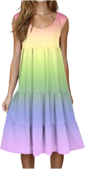 Women Ruffle Boho Tie Dye Dresses Color Block Babydoll Loose Swing Casual Beach Mini Tank Dress Plus Size Sundress