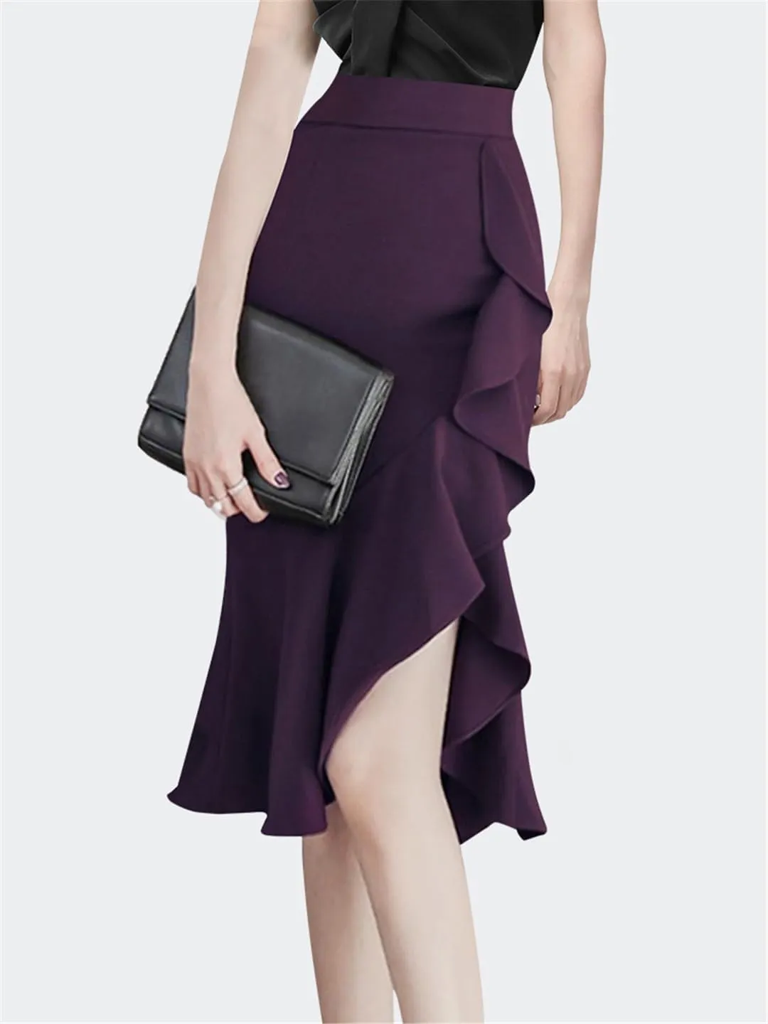 Women Ruffle Midi Skirt High Waist Asymmetrial Slit Sexy Skinny Step Pencil Skirts
