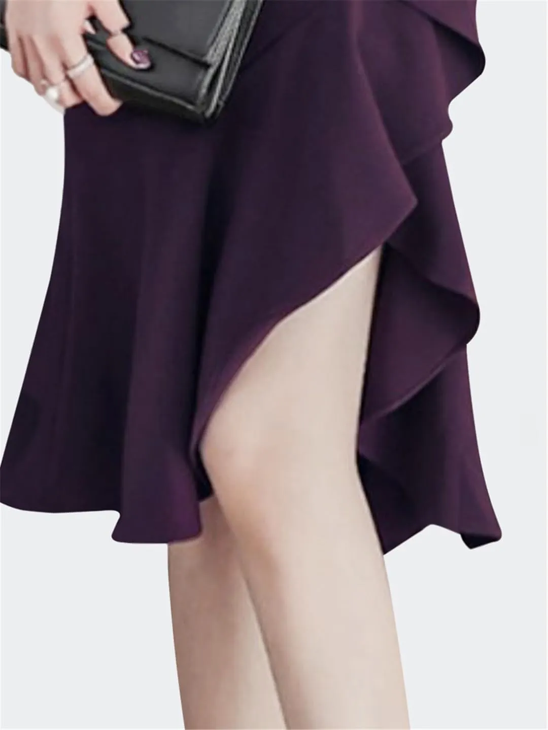 Women Ruffle Midi Skirt High Waist Asymmetrial Slit Sexy Skinny Step Pencil Skirts
