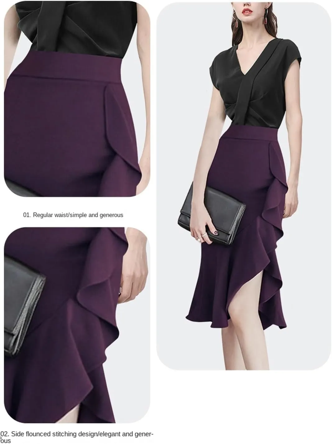 Women Ruffle Midi Skirt High Waist Asymmetrial Slit Sexy Skinny Step Pencil Skirts