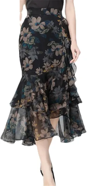 Women Ruffle Midi Skirt High Waist Asymmetrial Slit Sexy Skinny Step Pencil Skirts