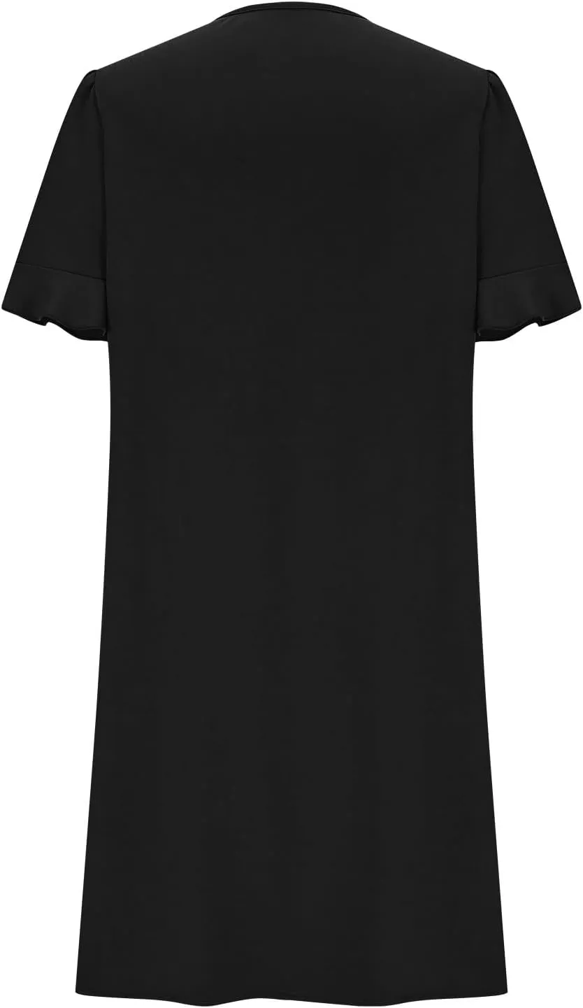 Women Ruffle Short Sleeve Mini Dress Summer V Neck Pleated Dresses Dressy Casual Business Short Dresses with Pocket