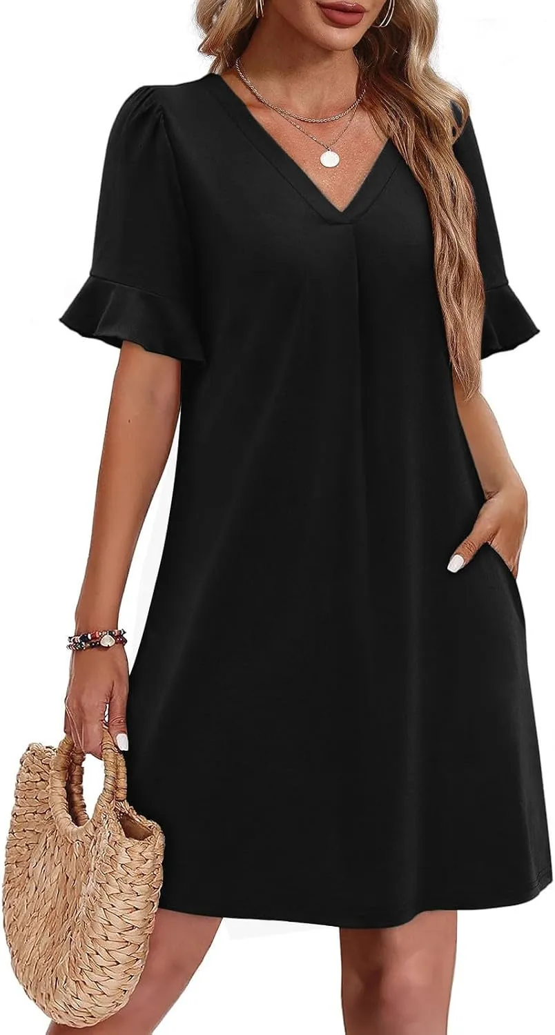 Women Ruffle Short Sleeve Mini Dress Summer V Neck Pleated Dresses Dressy Casual Business Short Dresses with Pocket