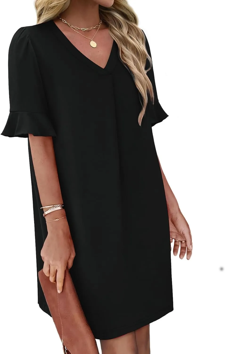 Women Ruffle Short Sleeve Mini Dress Summer V Neck Pleated Dresses Dressy Casual Business Short Dresses with Pocket