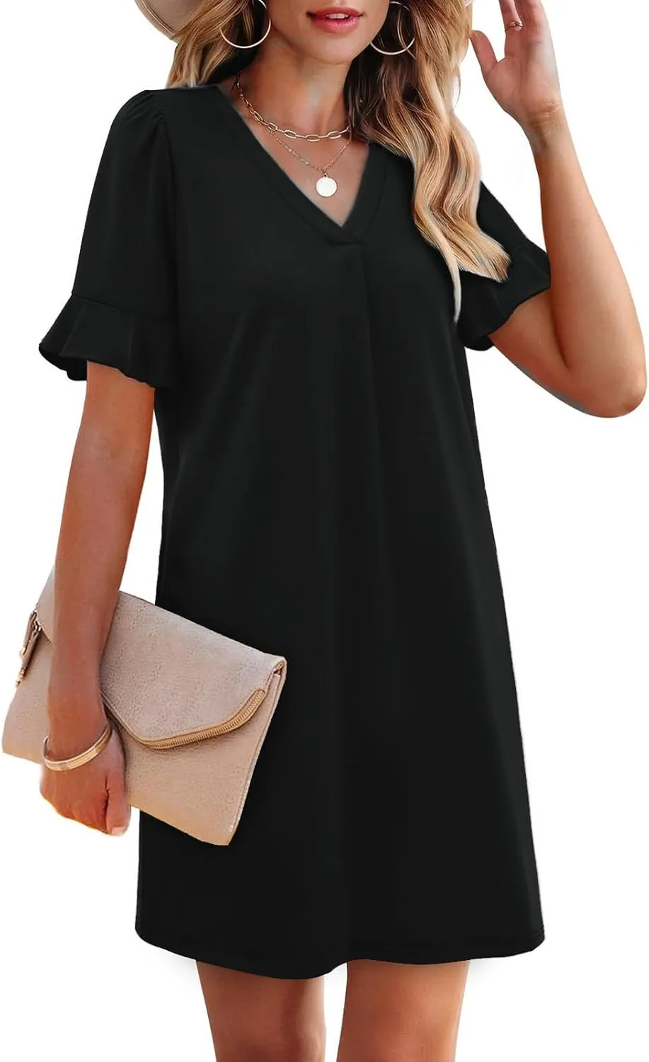 Women Ruffle Short Sleeve Mini Dress Summer V Neck Pleated Dresses Dressy Casual Business Short Dresses with Pocket