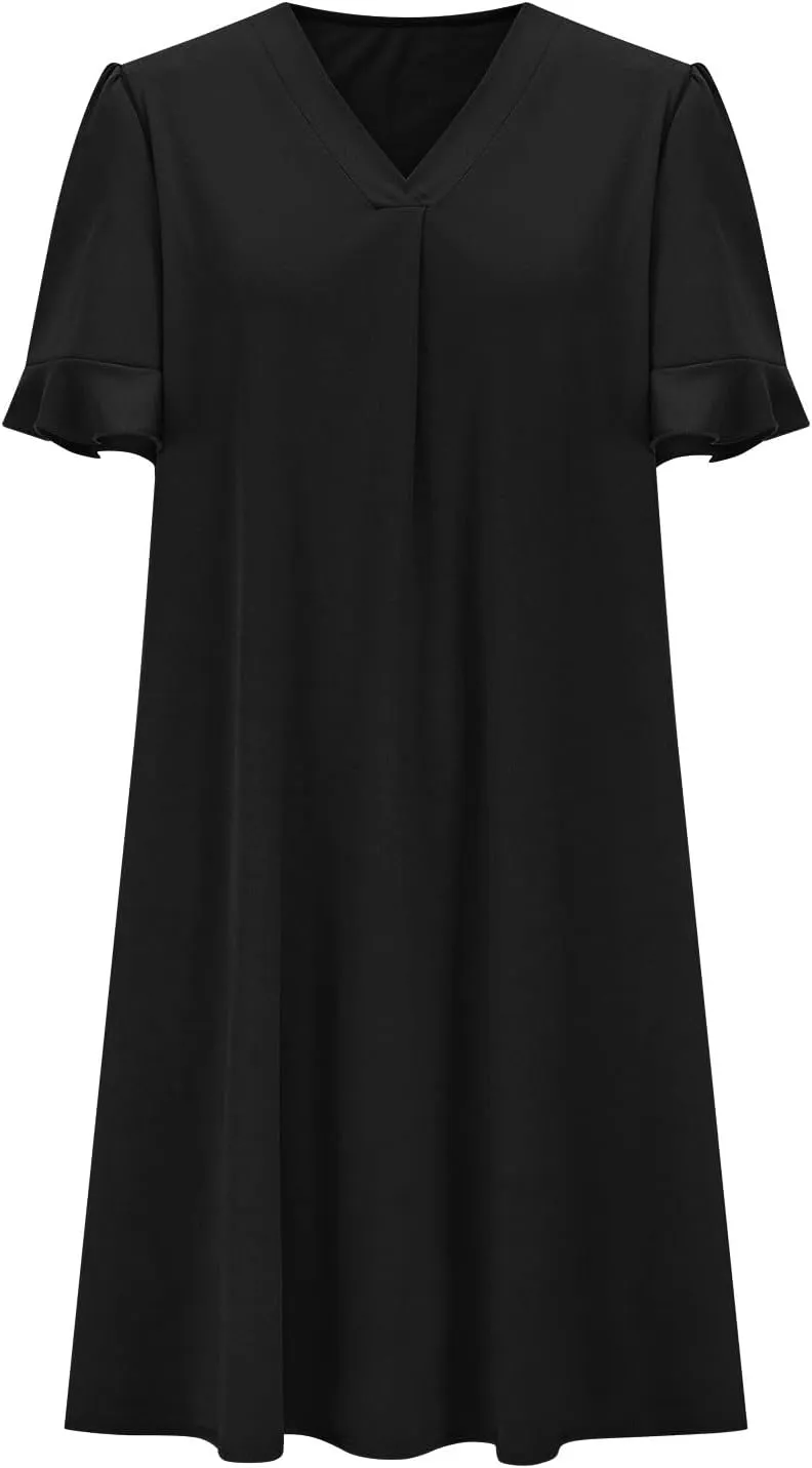Women Ruffle Short Sleeve Mini Dress Summer V Neck Pleated Dresses Dressy Casual Business Short Dresses with Pocket