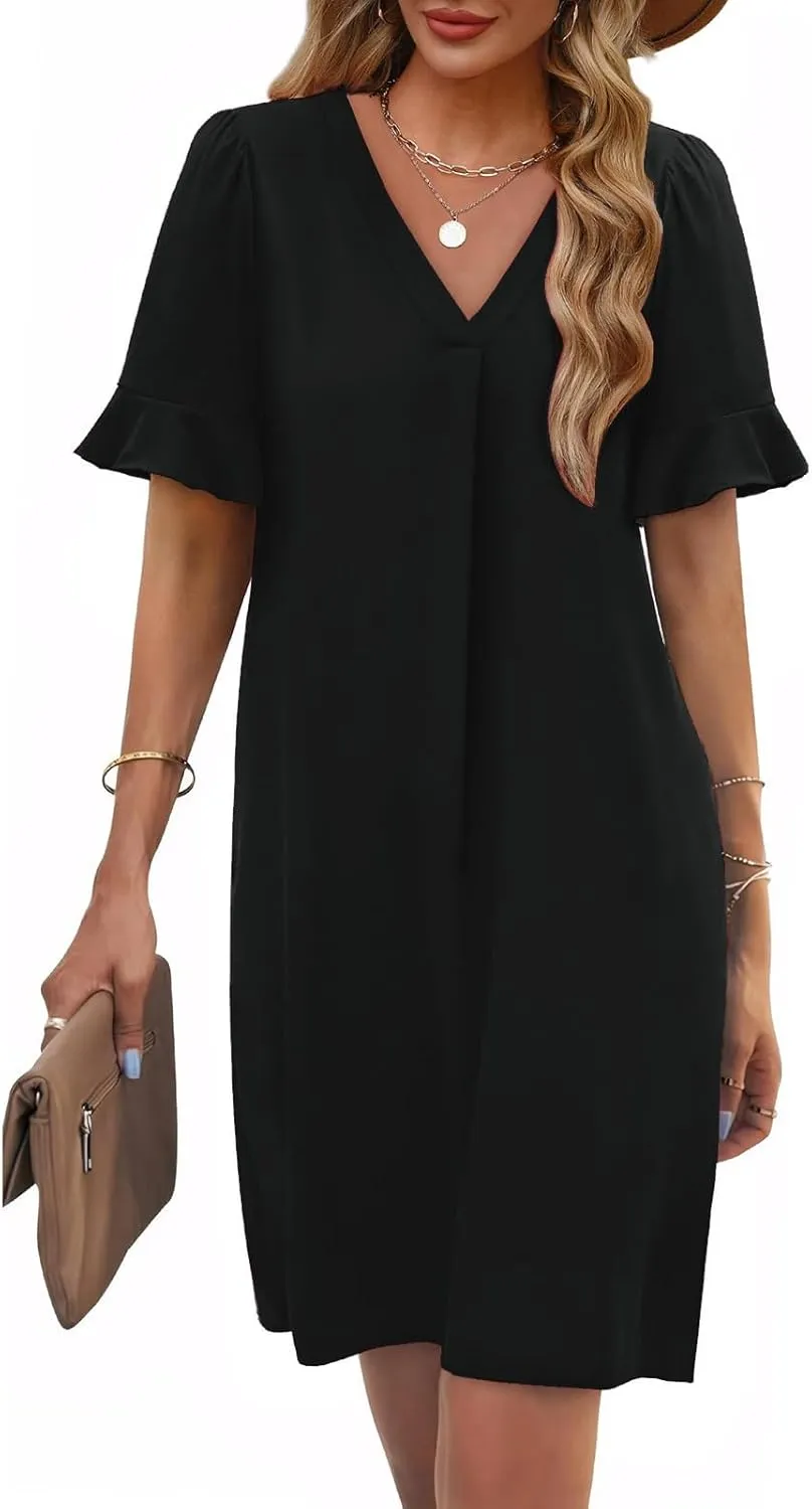 Women Ruffle Short Sleeve Mini Dress Summer V Neck Pleated Dresses Dressy Casual Business Short Dresses with Pocket