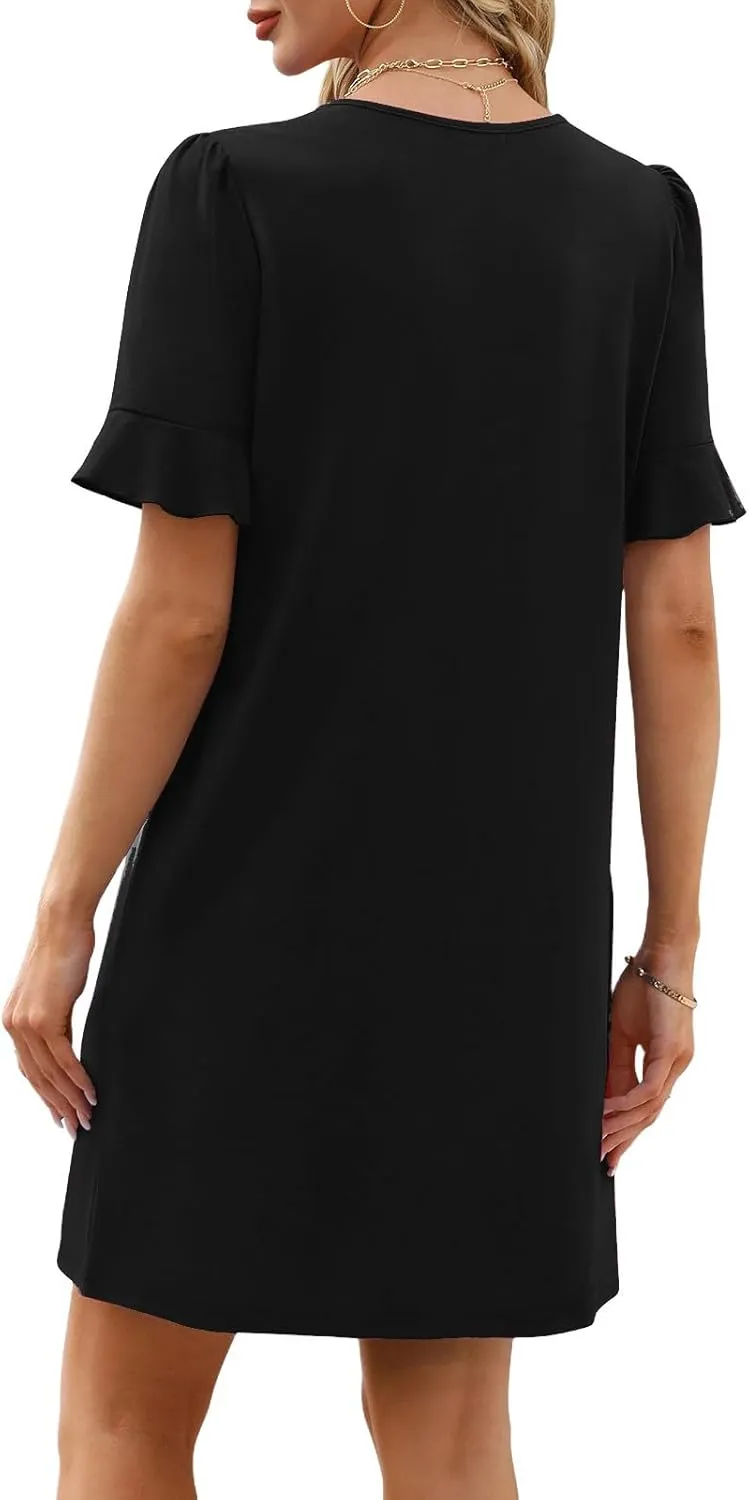 Women Ruffle Short Sleeve Mini Dress Summer V Neck Pleated Dresses Dressy Casual Business Short Dresses with Pocket