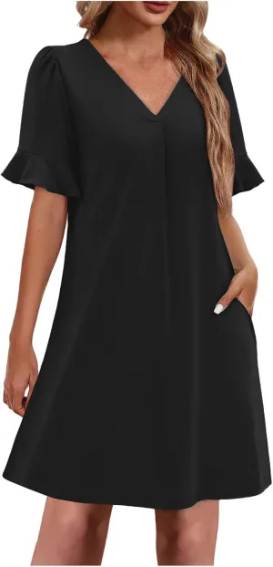 Women Ruffle Short Sleeve Mini Dress Summer V Neck Pleated Dresses Dressy Casual Business Short Dresses with Pocket