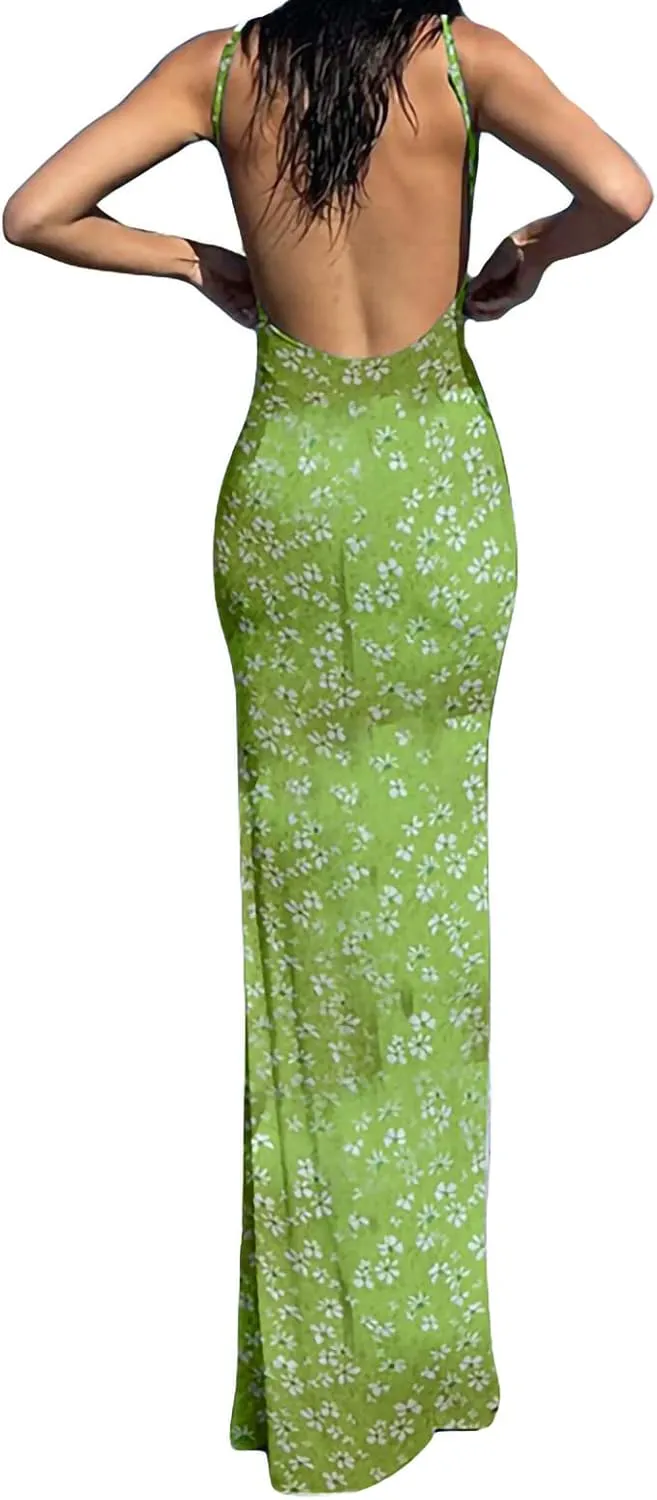 Women Sexy Sleeveless Spaghetti Strap Split Satin Dress Tie Dye Backless Midi Dresses Y2K Bodycon Club Party Sundress