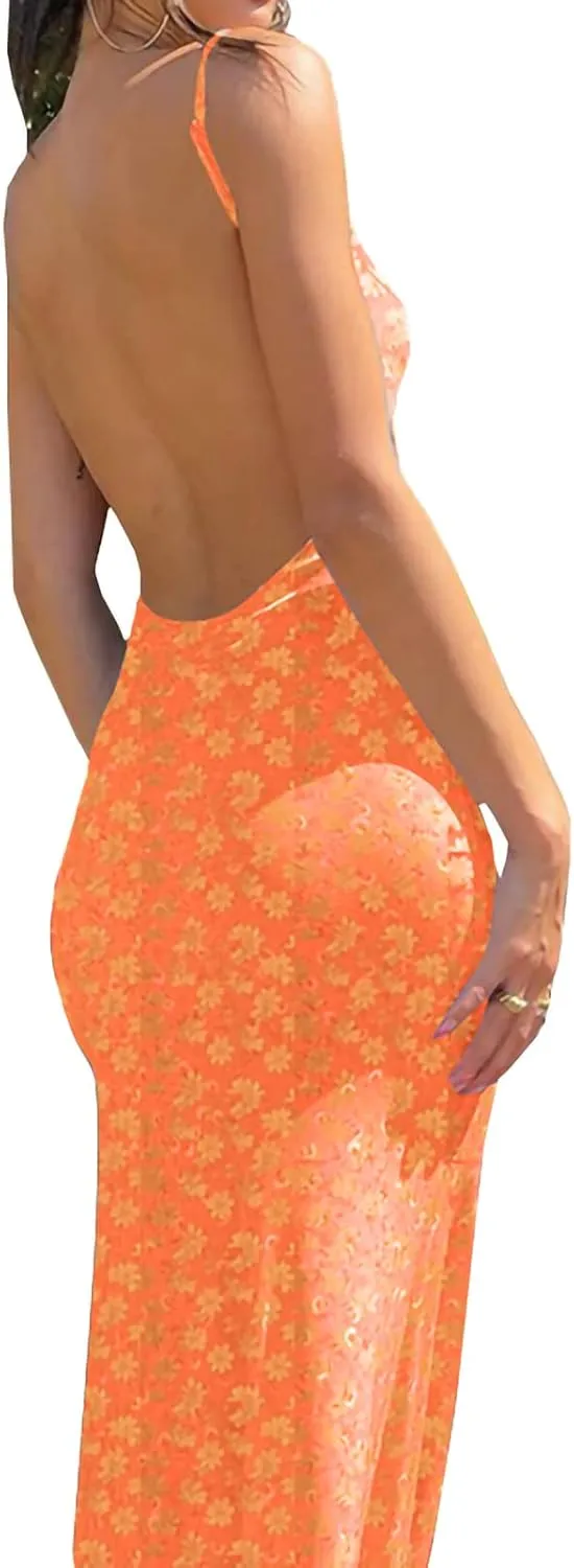 Women Sexy Sleeveless Spaghetti Strap Split Satin Dress Tie Dye Backless Midi Dresses Y2K Bodycon Club Party Sundress