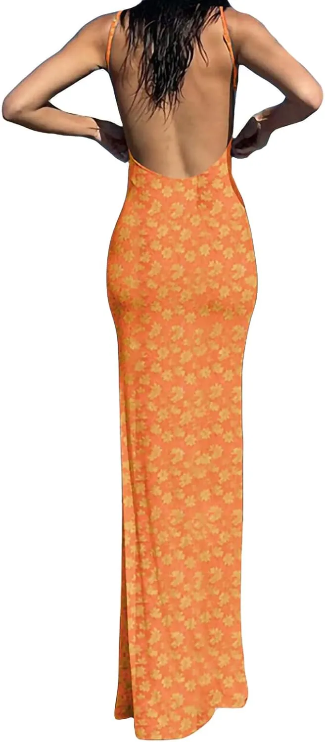 Women Sexy Sleeveless Spaghetti Strap Split Satin Dress Tie Dye Backless Midi Dresses Y2K Bodycon Club Party Sundress