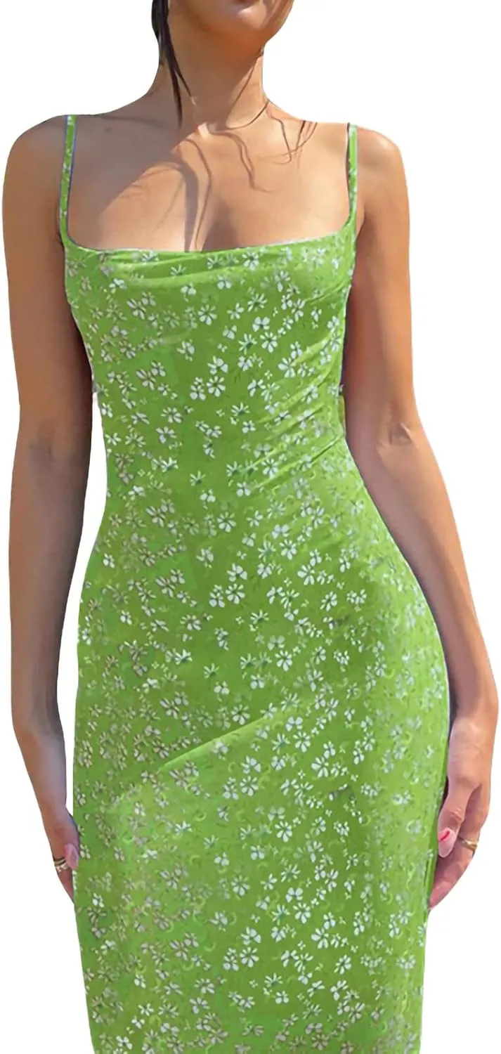 Women Sexy Sleeveless Spaghetti Strap Split Satin Dress Tie Dye Backless Midi Dresses Y2K Bodycon Club Party Sundress
