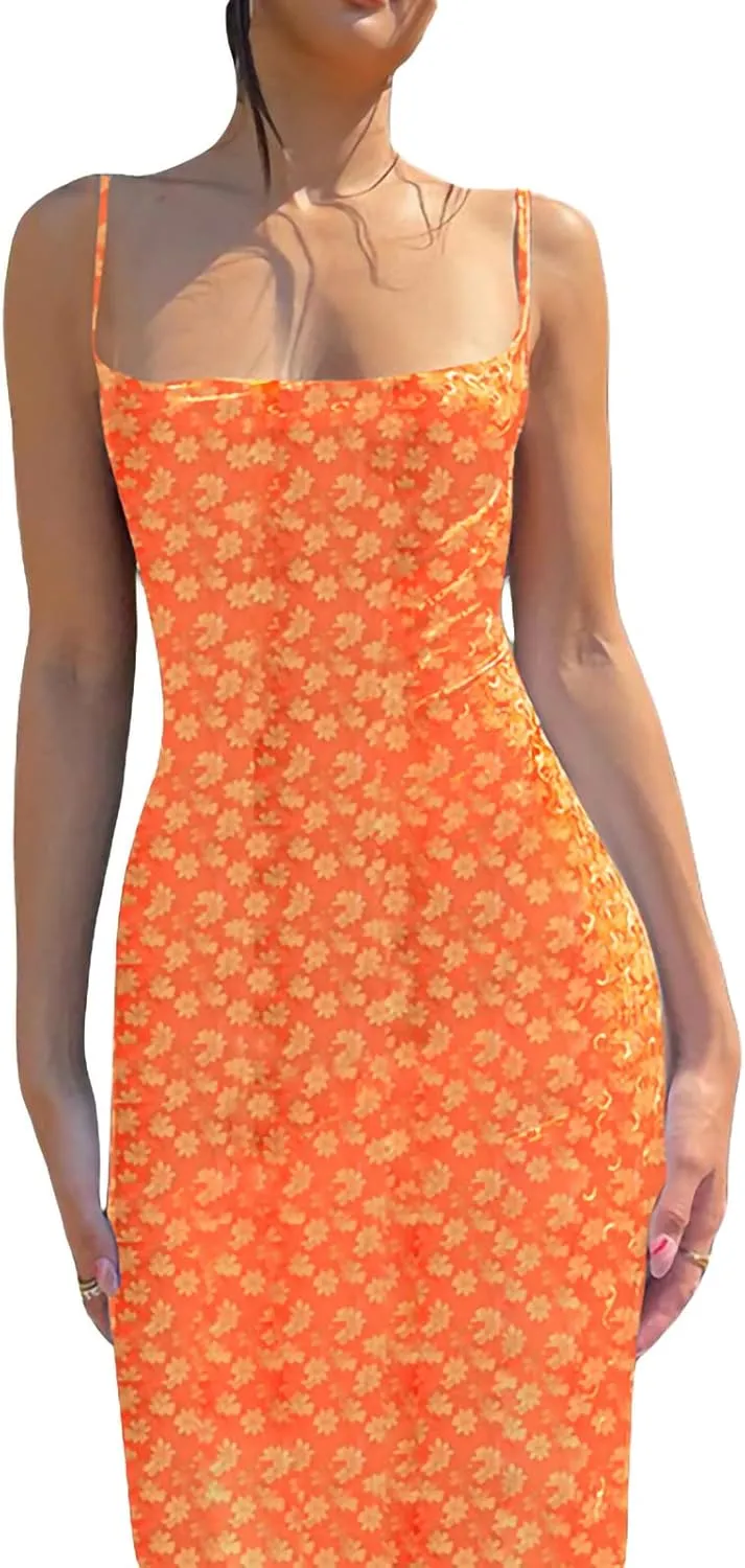 Women Sexy Sleeveless Spaghetti Strap Split Satin Dress Tie Dye Backless Midi Dresses Y2K Bodycon Club Party Sundress