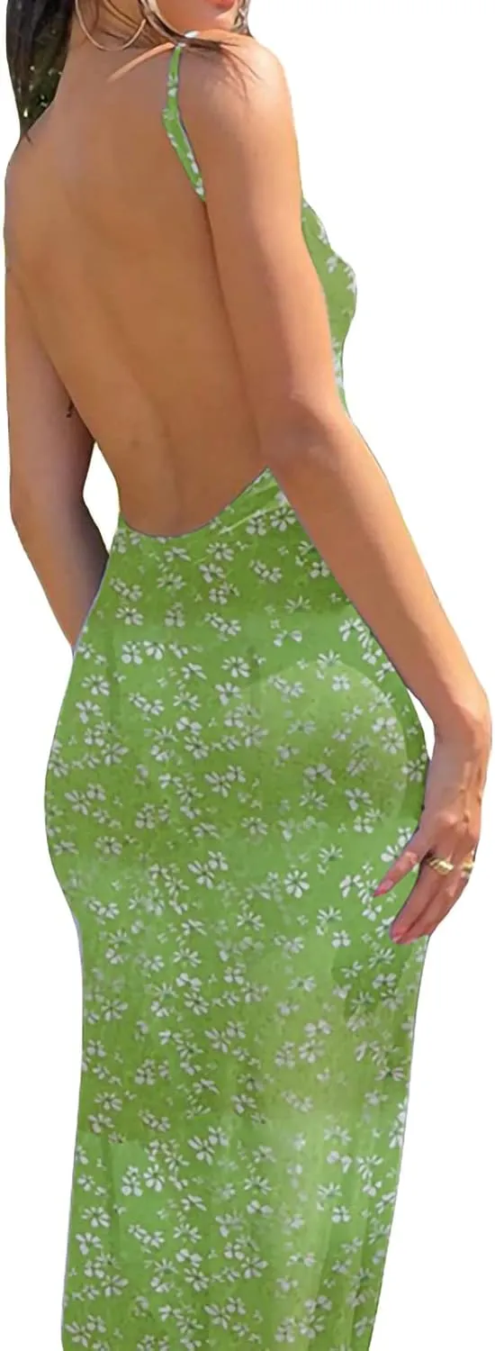 Women Sexy Sleeveless Spaghetti Strap Split Satin Dress Tie Dye Backless Midi Dresses Y2K Bodycon Club Party Sundress