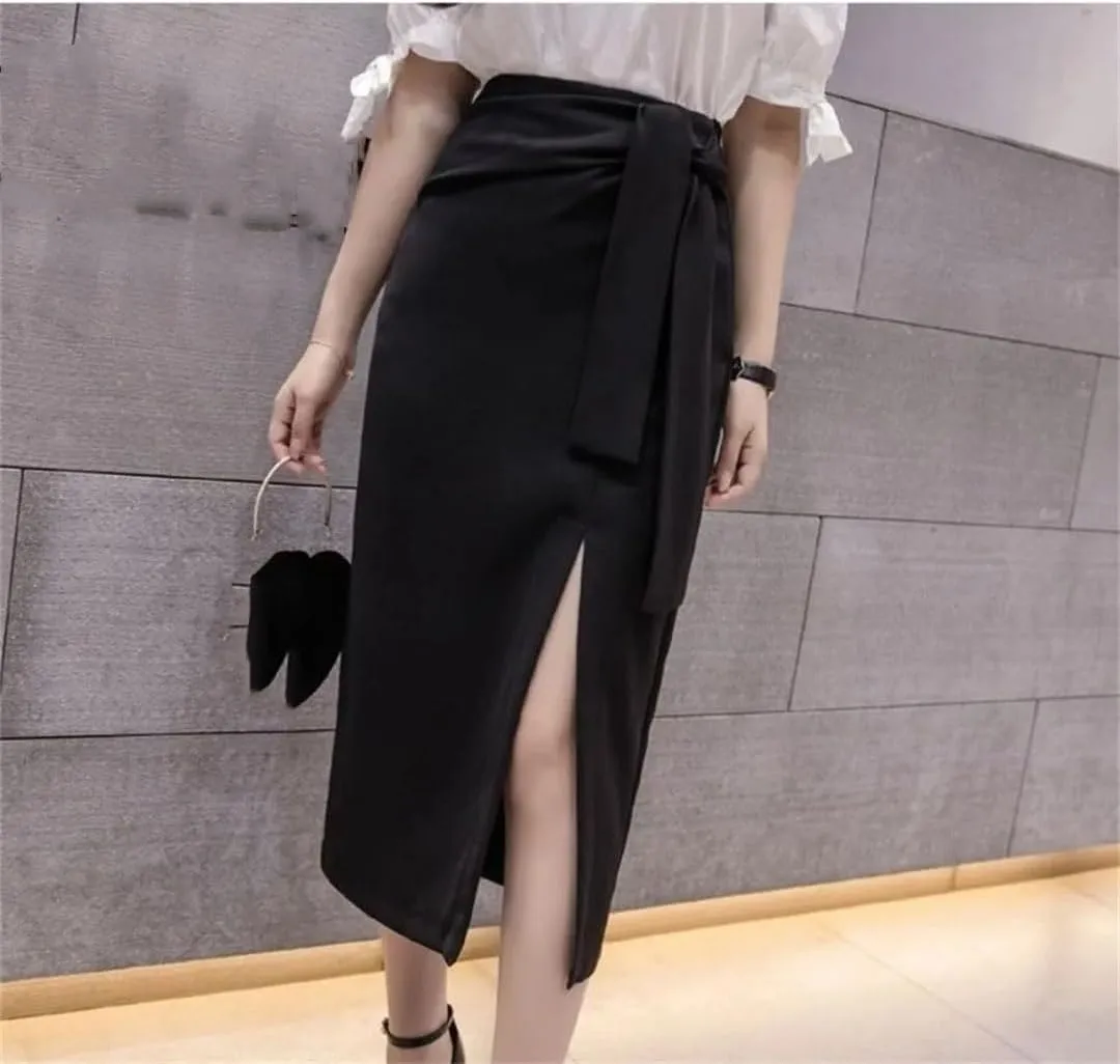 Women Solid High Waist Long Split Office Pencil Skirts