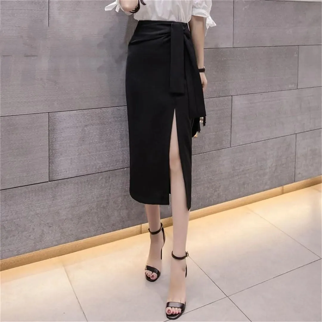 Women Solid High Waist Long Split Office Pencil Skirts