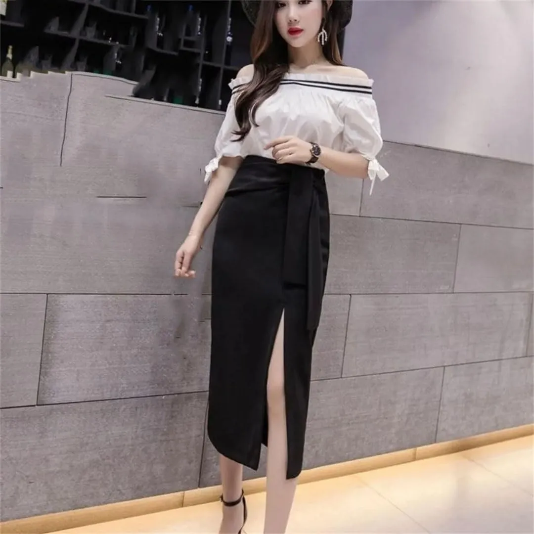 Women Solid High Waist Long Split Office Pencil Skirts
