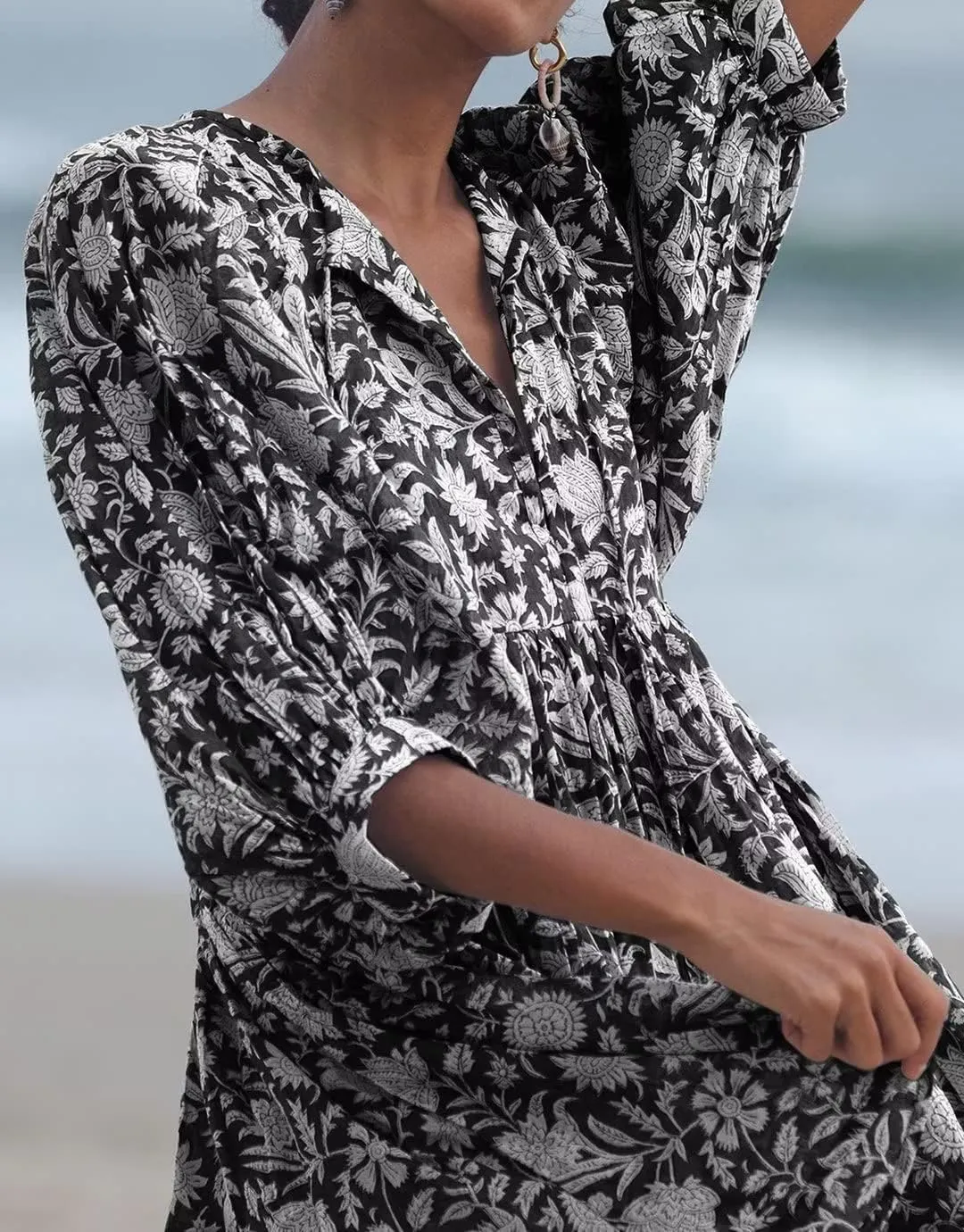 Women Summer Bohemian Floral Shirt Dress Cover Up Beach Dress Half Sleeve Mini Dress