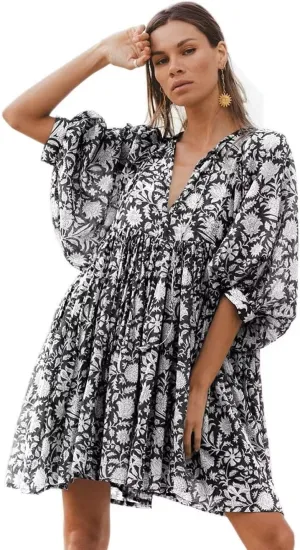 Women Summer Bohemian Floral Shirt Dress Cover Up Beach Dress Half Sleeve Mini Dress