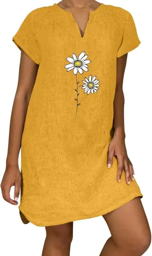 Women Summer Shirt Dress Short Sleeve Floral Printed Mini Dresses Casual Loose Cotton Linen Beach Vacation Sundress