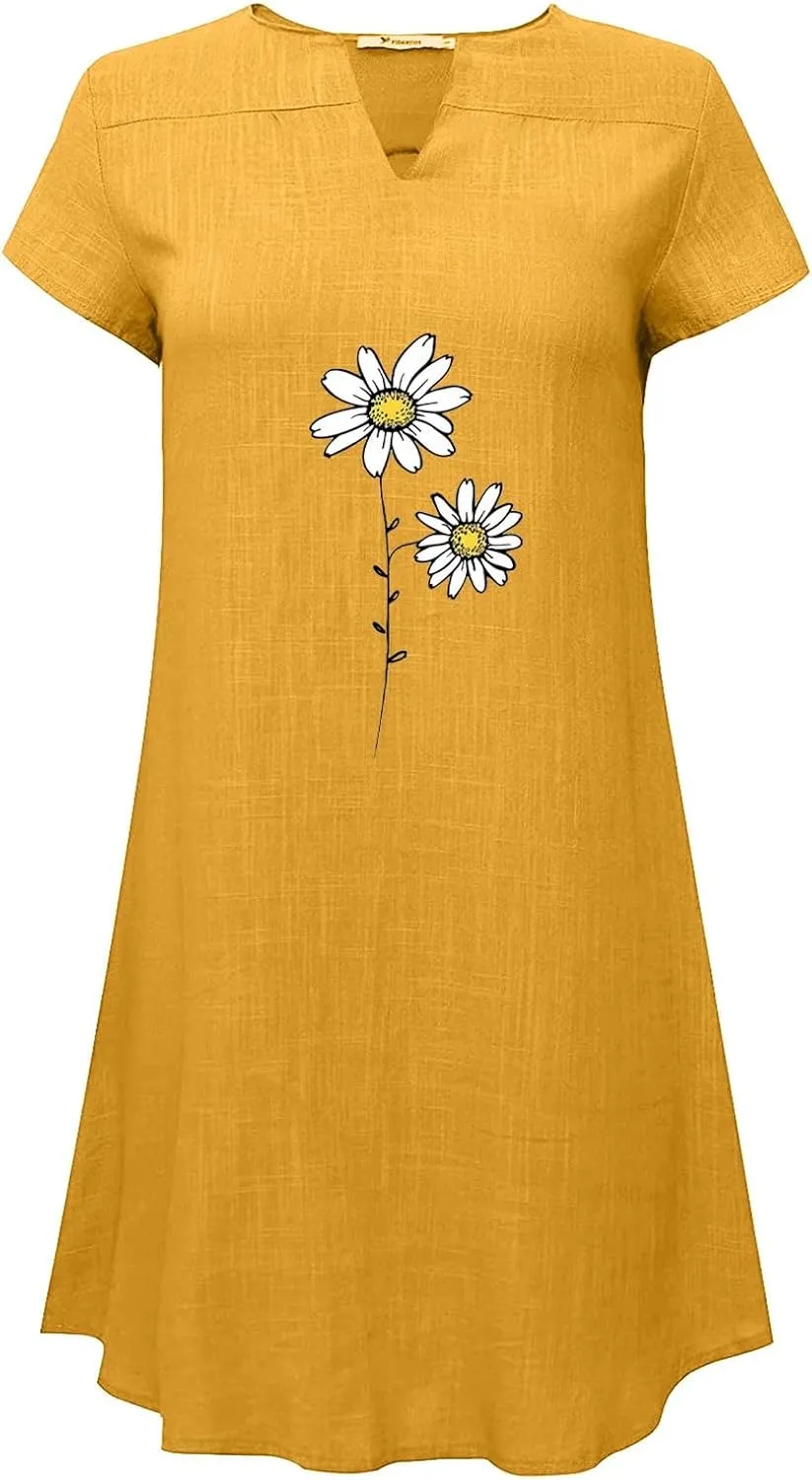 Women Summer Shirt Dress Short Sleeve Floral Printed Mini Dresses Casual Loose Cotton Linen Beach Vacation Sundress