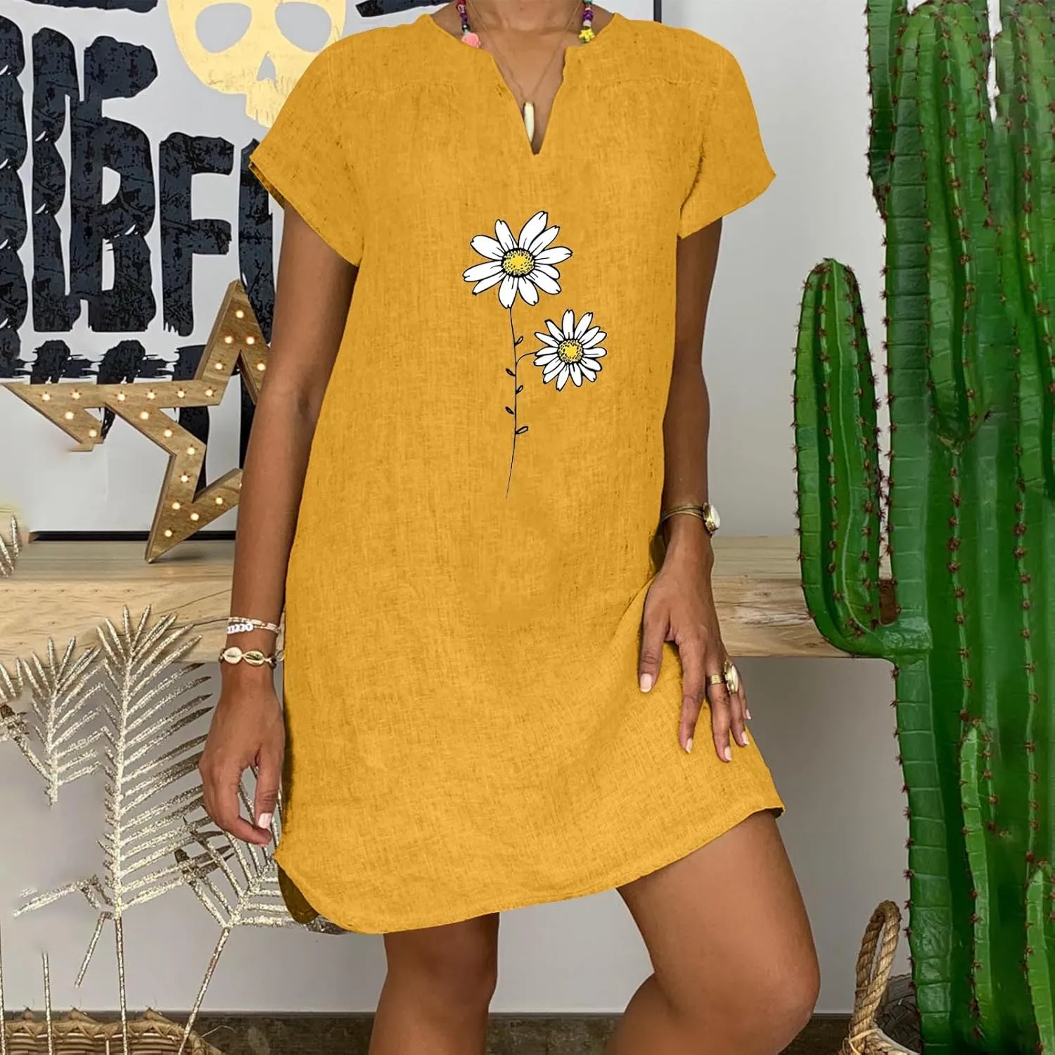 Women Summer Shirt Dress Short Sleeve Floral Printed Mini Dresses Casual Loose Cotton Linen Beach Vacation Sundress
