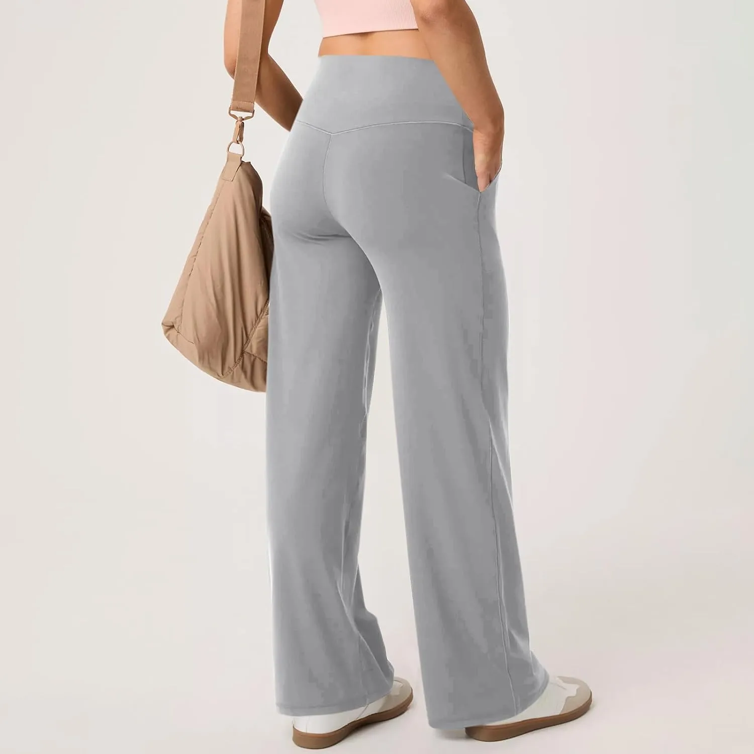 Women Wide Leg Yoga Pants with Pockets High Waist Straight Leg Dress Pants Tummy Control Flare Leggings