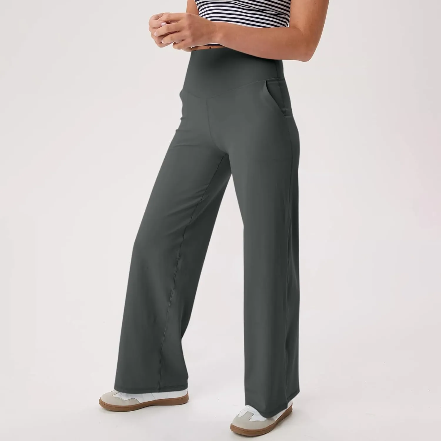 Women Wide Leg Yoga Pants with Pockets High Waist Straight Leg Dress Pants Tummy Control Flare Leggings