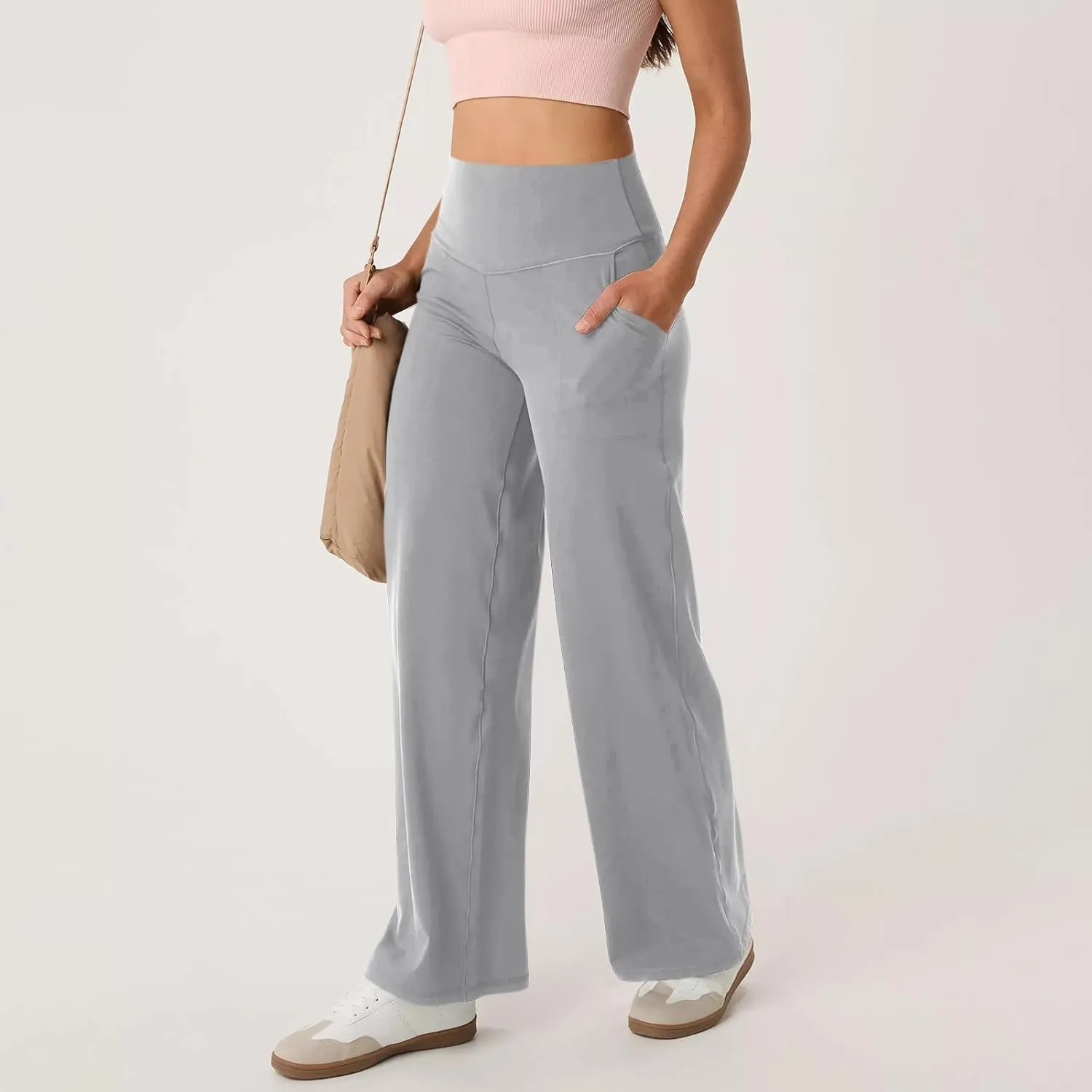 Women Wide Leg Yoga Pants with Pockets High Waist Straight Leg Dress Pants Tummy Control Flare Leggings