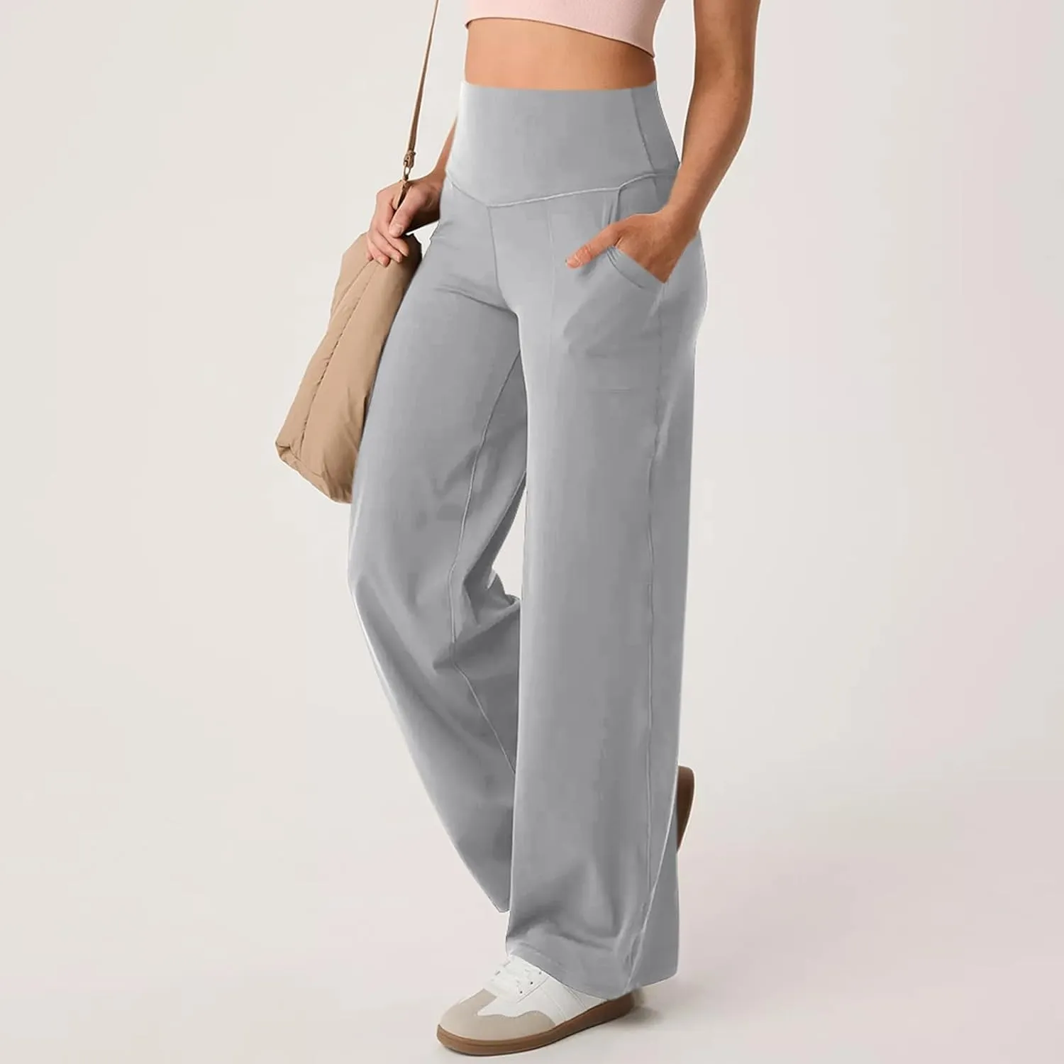 Women Wide Leg Yoga Pants with Pockets High Waist Straight Leg Dress Pants Tummy Control Flare Leggings
