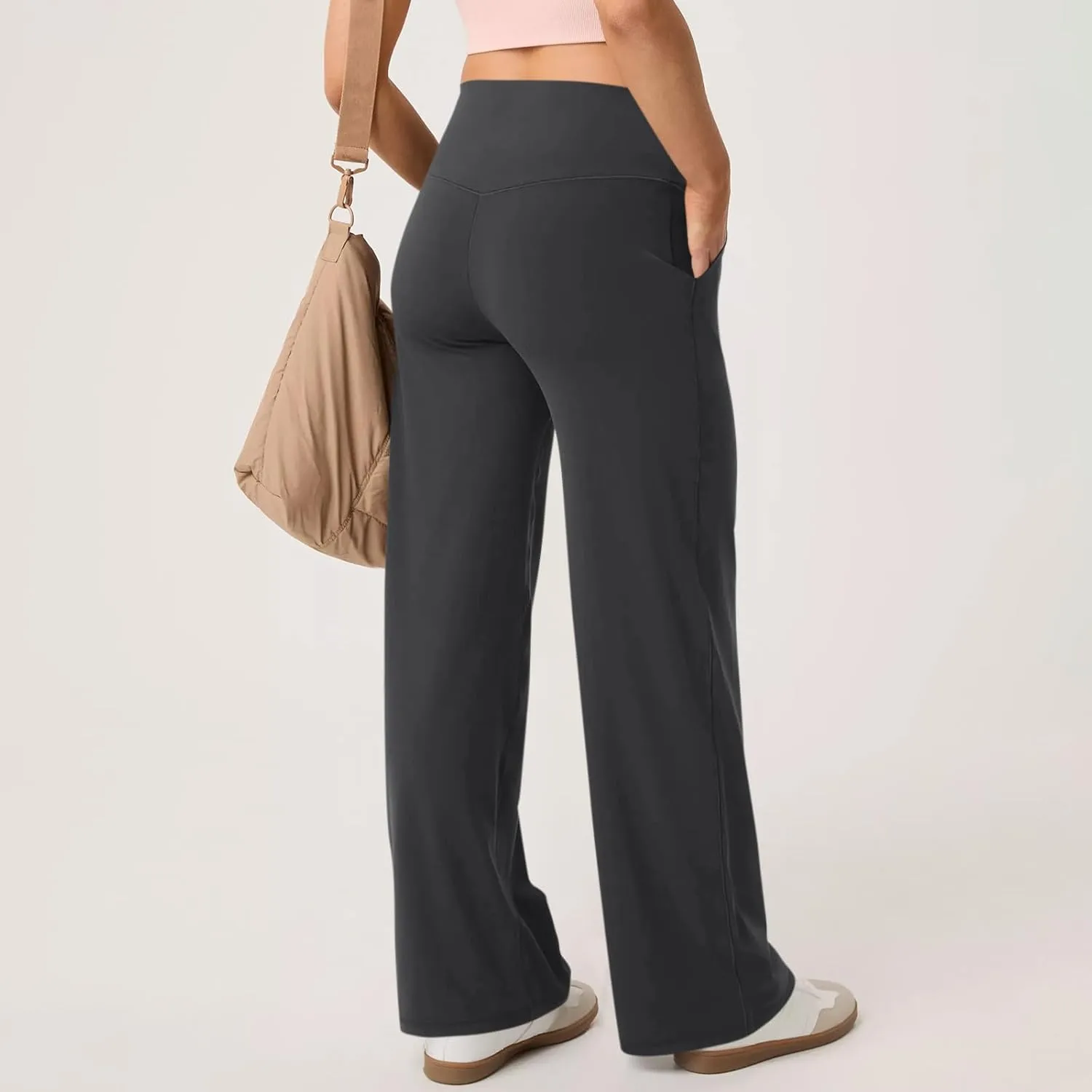 Women Wide Leg Yoga Pants with Pockets High Waist Straight Leg Dress Pants Tummy Control Flare Leggings