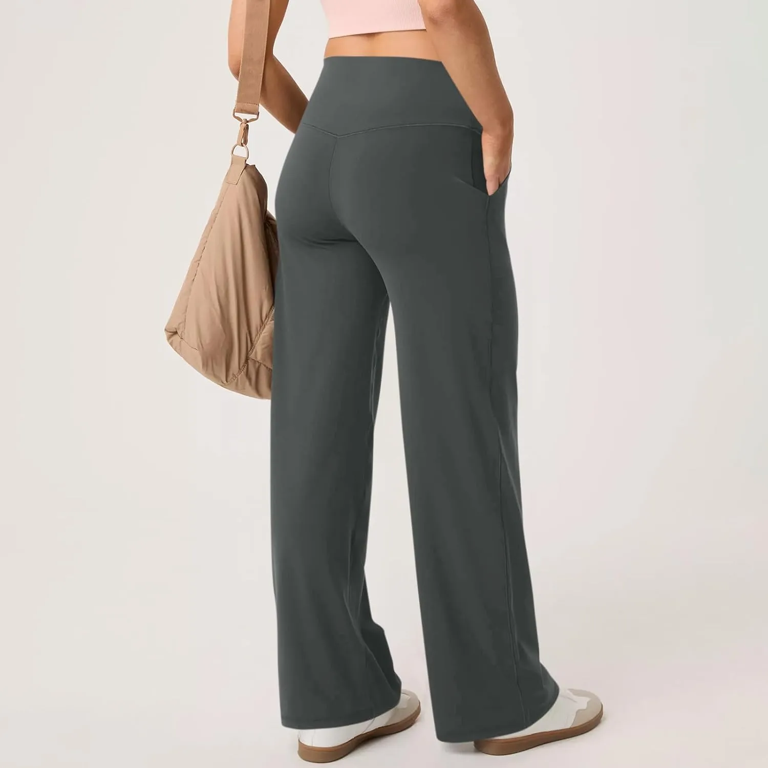 Women Wide Leg Yoga Pants with Pockets High Waist Straight Leg Dress Pants Tummy Control Flare Leggings