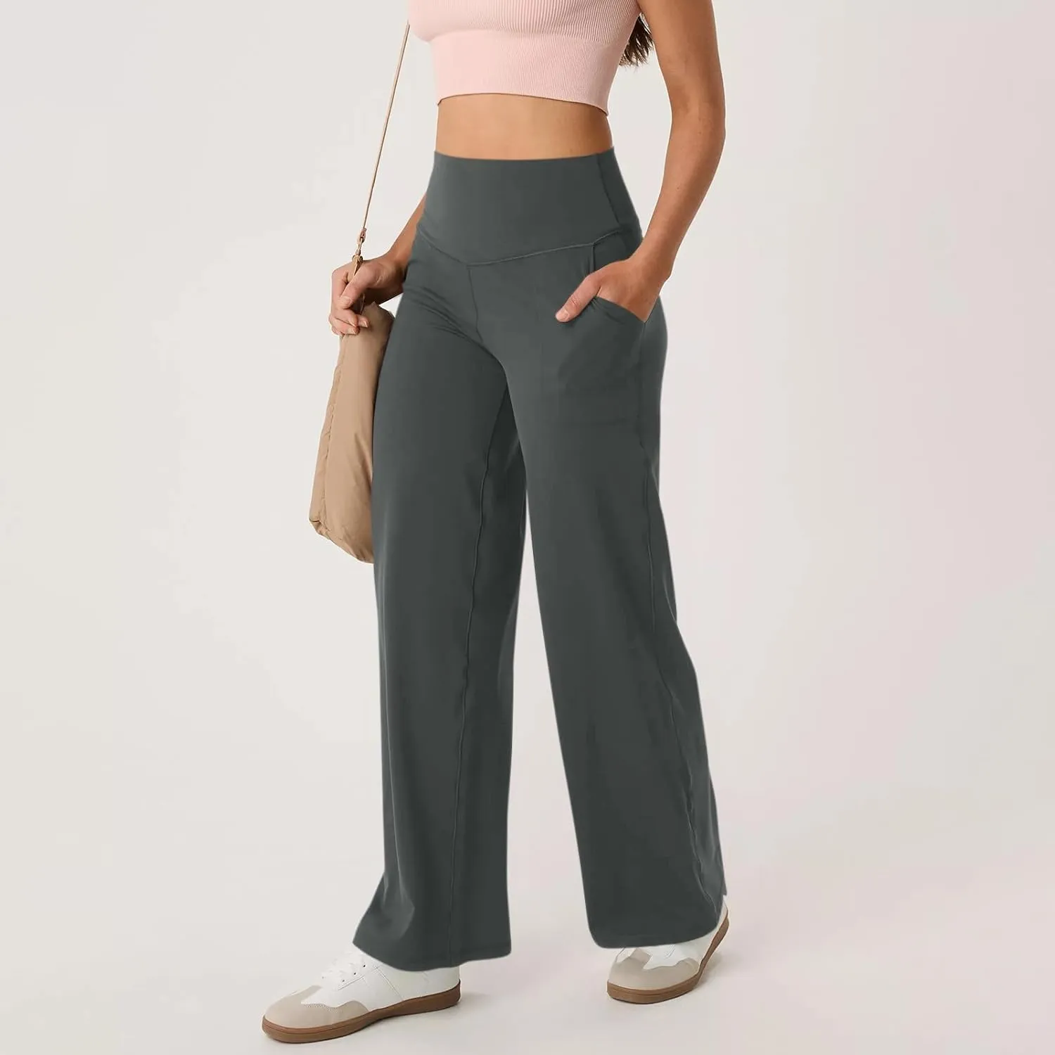 Women Wide Leg Yoga Pants with Pockets High Waist Straight Leg Dress Pants Tummy Control Flare Leggings